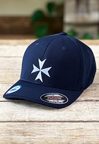 Knights Templar Maltese Cross Masonic Flexfit Adult Cool & Dry Sport Hat - color: Navy, size: Small-Medium