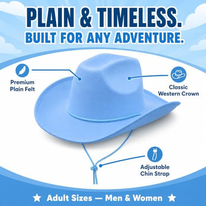 COLLECT PRESENT Plain Felt Cowboy & Cowgirl Hat for Men and Women | Western Studded Cowboy Hat in Adult Sizes - color: Blue