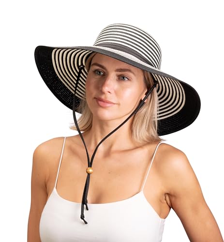 Sloggers Women's Wide Brim Braided Sun Hat with Wind Lanyard - UPF 50+ Maximum Sun Protection - color: Black White