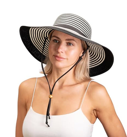 Sloggers Women's Wide Brim Braided Sun Hat with Wind Lanyard - UPF 50+ Maximum Sun Protection - color: Black White