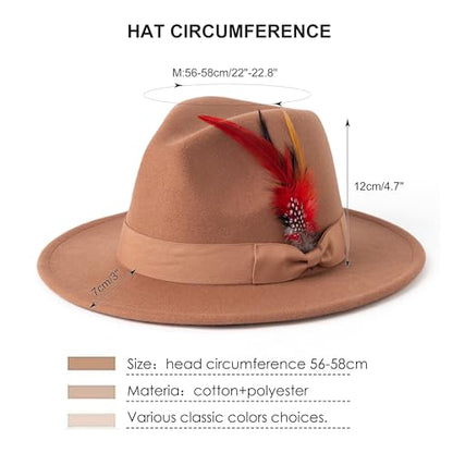 Mens Fedora Hats Wide Brim Felt Panama Hat Dress Hat with Feather - color: A-khaki