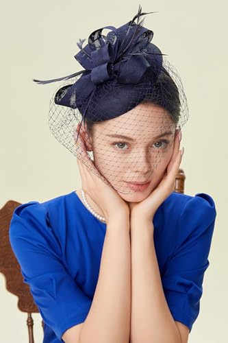 BABEYOND Fascinators Hats for Women Pillbox Veil Tea Party Derby Headband - color: Dark Blue