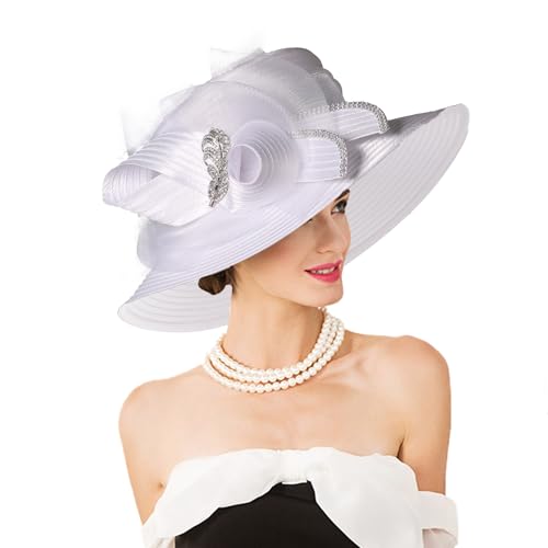 Women Derby Church Dress Fascinator Wide Brim Hats 1920s Vintage Tea Party Wedding Cloche Bowler Hats - color: White