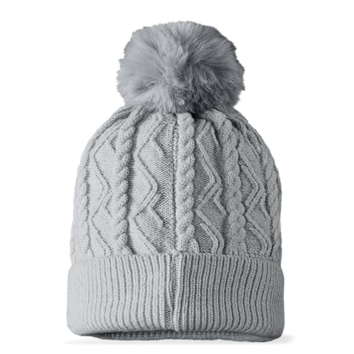 DALIX Cable Knit Pom Beanie Soft Stretch Skully Warm Fuzzy Faux Sherpa Winter Ski Beanie - color: Gray