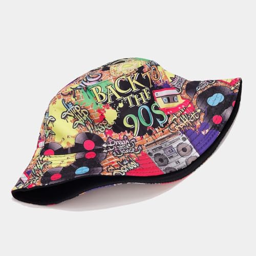 Quanhaigou Bucket Hat for Men Women,Packable Reversible Printed Sun Hats,Fisherman Outdoor Summer Travel Hiking Beach Caps - color: Colorful 90s