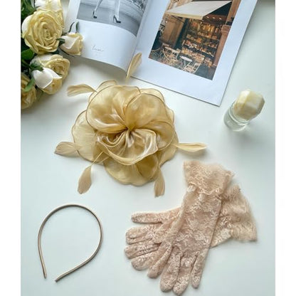 GurZinn Fascinator Hat Veil Feather Fascinator Tea Party Bridal Wedding Veil Pillbox Hat - color: E-gold Hat&glove