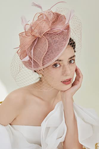 BABEYOND Fascinators Hats for Women Pillbox Kentucky Hat with Feather Veil - color: Nude Pink