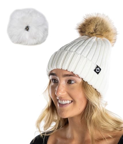 Funky Junque Women’s Winter Detachable Pom Beanie – Warm Knit Hat with Removable Faux Fur Pom, Soft Stretch Acrylic Cozy Cap - color: Ivory