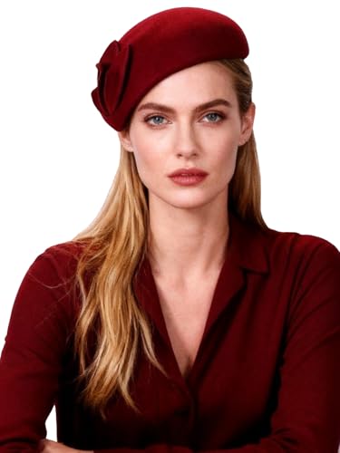 HIMESPORT Wool Felt Fascinator Hats for Women Ladies Female Wedding Cocktail Tea Party Dress Pillbox Hat - color: Wine Red 4