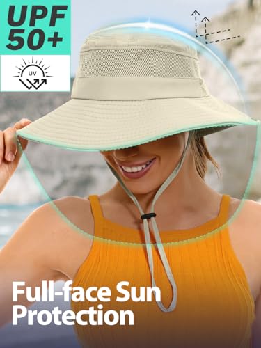 EW East Water Sun Beach Hat for Women, UPF50+ Waterproof with Ponytail Hole - color: Beige