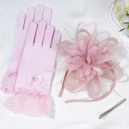 Fascinators Hats with Lace Gloves for Women Headband for Tea Party Wedding - color: Pink