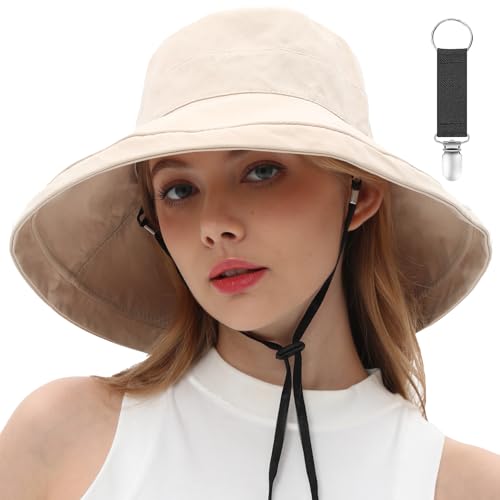 vidsel Womens Sun Hats Wide Brim Reversible Bucket Cotton Hat with Hat Clip - color: Medium-beige1, size: Medium