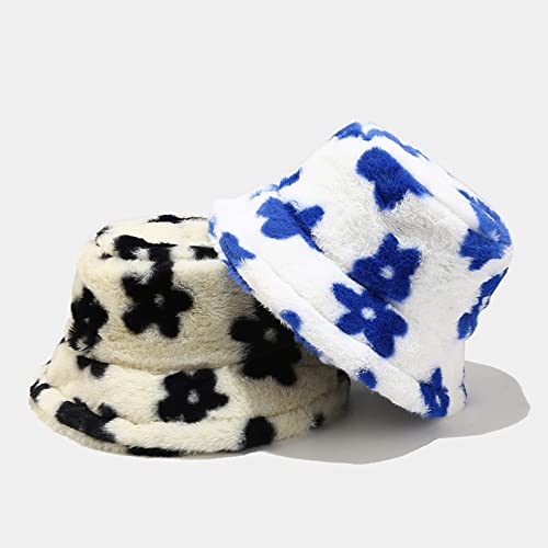 Dirholl Women's Winter Faux Fur Fuzzy Warm Bucket Hat - color: Black Flower