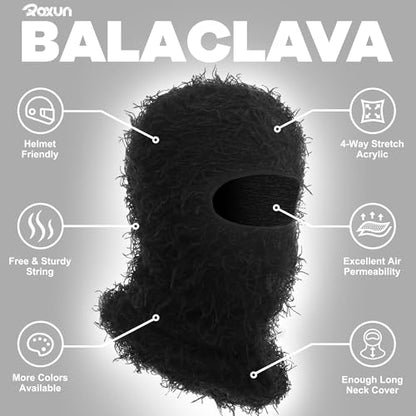 ROXUN Distressed Ski Mask Balaclava, Yeat Shiesty Fluffy Knitted Full Face - color: 01- Black