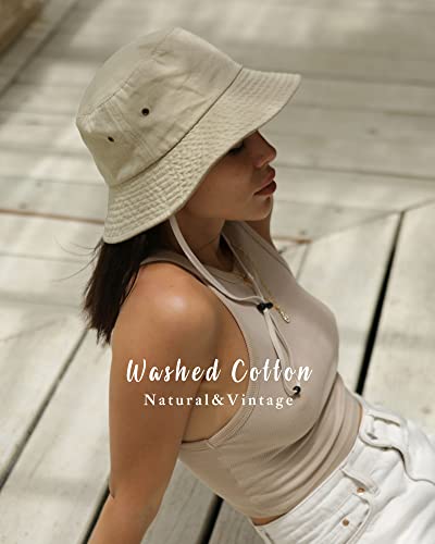 FURTALK Bucket Hats for Women Washed Cotton Packable Summer Beach Sun Hats Bucket Hat with Strings for Travel - color: Light Khaki