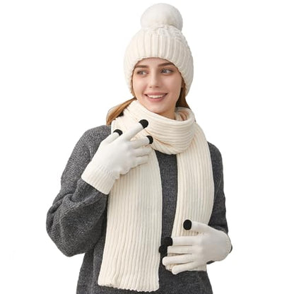 HUAMULAN Women Winter Knit Beanie Hat Circle Scarf Set Pompoms Ear Flaps - color: Cream White With Scarf and Gloves