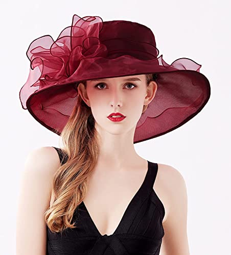 Women's Kentucky Derby Church Dress Hat Wide Brim Leaf Flower Bridal Shower Hat - color: J1-burgundy