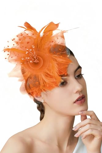 BABEYOND Fascinators Hats for Women Tea Party Flower Tulle Bead Derby Hat - color: Orange