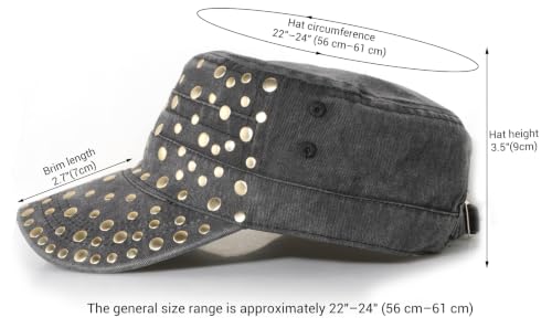 Studded Military Cap for Women Men Cadet Army Cap Flat Top Hat - color: Black