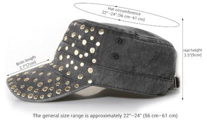 Studded Military Cap for Women Men Cadet Army Cap Flat Top Hat - color: Black