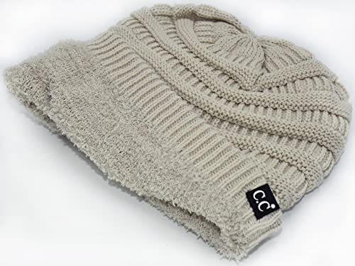 C.C Beanie Oversized Hat with Fuzzy Lining – Thick Knit Thermal Beanie for Cold Weather, Soft Warm Fleece Lined Cap - color: Beige
