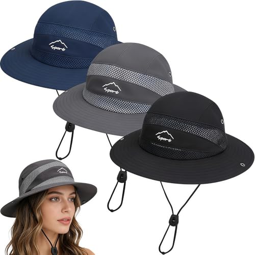 3Pcs Sun Bucket Hats for Women Men, Breathable Wide Brim UV Protection Fishing Hat Summer Outdoor Beach Hiking Hats - color: Black + Dark Grey + Navy Blue