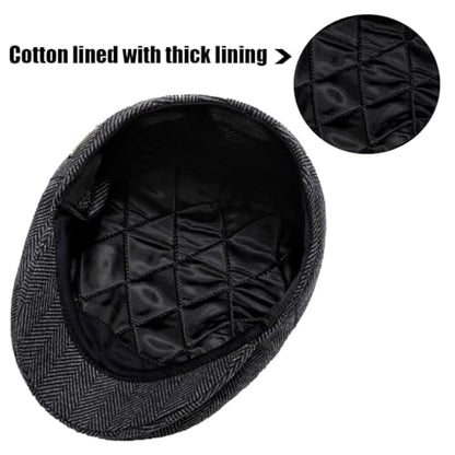 Men's Newsboy Hat with Earflaps Flat Ivy Caps Irish Cabbie Cap - color: Grey Herringbone
