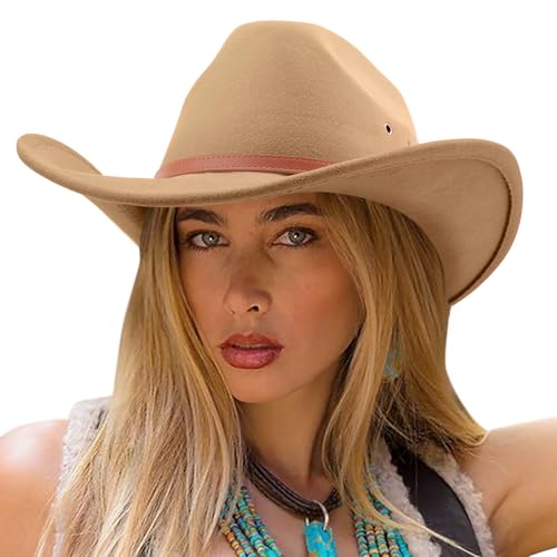 DRESHOW Western Cowboy Hat for Men Women Cowboy Cowgirl Hat Outdoor Wide Brim Retro Felt Fedora Hats Unisex Rolled up Caps - color: 1 Pack Style 5: Camel