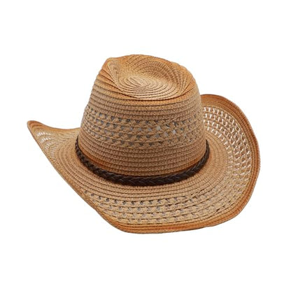 Straw Cowgirl Hat for Women Cowboy Hats for Men Wide Brim Sun Hat Shapeable Western Hat Beach Hat - color: Khaki-caramel
