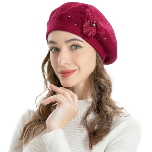 ZLYC Women French Beret Hat Reversible Solid Color Mosaic Warm Artist Cap - color: Bead Flower Burgundy