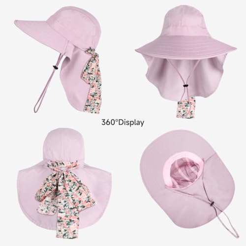Solaris UPF 50+ Wide Brim Sun Hat for Women - Small Size Packable Lightweight, Floral Scarf Cooling Hat with Neck Flap - color: Pink