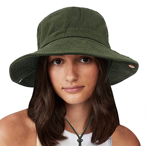 Unisex Cotton Boonie Hat Summer Fishing Bucket Hat Sun Hat with String - color: Solid Army Green