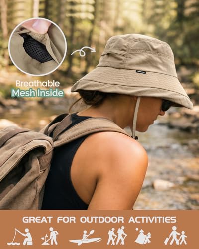 Bucket Sun Hat for Women, UPF 50+ Wide Brim, Packable, Waterproof Rain Hat for Hiking Outdoor Travel - color: Khaki