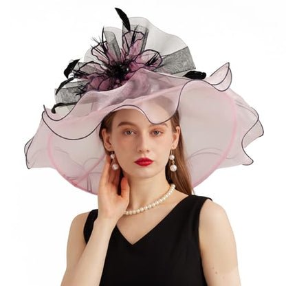 Women Organza Church Derby Hat Wide Brim Sun Caps for Wedding Tea Party Hat with Detachable hat Flower as Headgear - color: 11-pink
