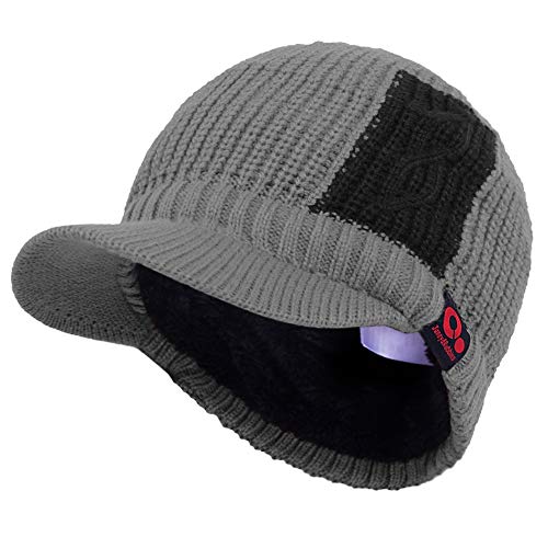 Women's Contrast Patch Visor Beanie Winter Knit Hat with Birim Fleece Lining Baseball Cap - color: Gray