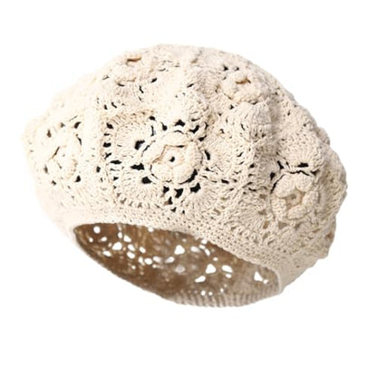 yolrdiw Cotton Crochet Beanie Handmade Floral Beret Beach Travel Boho Hat - color: Beige