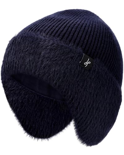 HAMUNI Winter Fleece-Lined Beanie with Earflaps, Warm Windproof Unisex Beanie Hat for Skiing, Hiking & Outdoor Winter Sports - color: Navy Blue