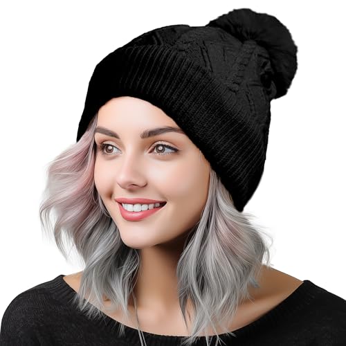 DALIX Cable Knit Pom Beanie Soft Stretch Skully Warm Fuzzy Faux Sherpa Winter Ski Beanie - color: Black