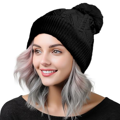 DALIX Cable Knit Pom Beanie Soft Stretch Skully Warm Fuzzy Faux Sherpa Winter Ski Beanie - color: Black