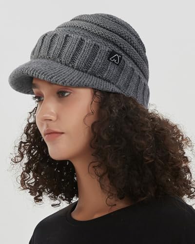 Hat Hut Beanie Hats for Women Men Satin Lined Winter Hats for Women Slouchy Beanies Satin Lined Beanie with Brim Visor - color: Grey Heather