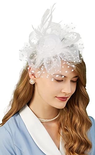 Fascinators Hat for Women Tea Party Headband Kentucky Derby Wedding Flower Cocktail Mesh Feathers Hair Clip - color: 1-a-white