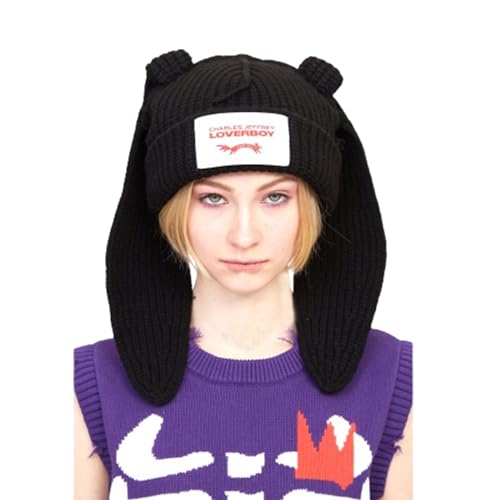 Knitted Beanie Hat Cute Rabbit Long Ears Fun Caps Fluffy Winter Warm Knitted Rabbit Hats Outdoor Slotty Cap - color: Blackb