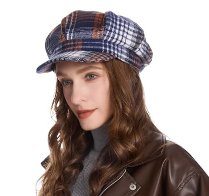 ZLYC Women Classic Newsboy Cap Visor 8 Panel Gatsby Cabbie Paperboy Hat - color: Plaid Royal Blue and Khaki