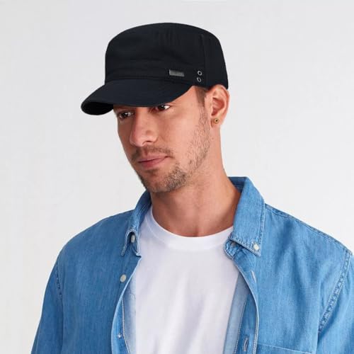 Initlove Cadet Army Cap Military Unisex Flat Top Hat for Men Women - color: Black