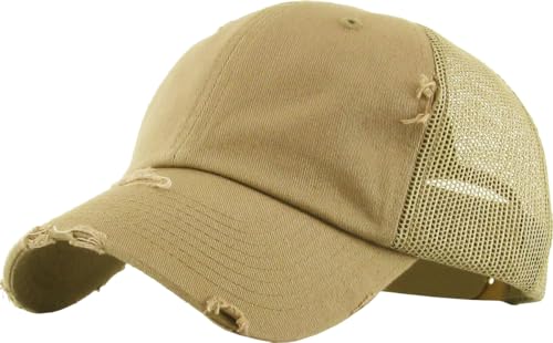 KBETHOS Vintage Washed Distressed Cotton Dad Hat Baseball Cap Adjustable Polo Trucker Unisex Style Headwear - color: Khaki Vintage Mesh