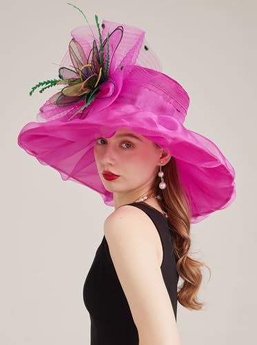 Women Derby Fascinator Hat Organza Church Wedding Hats Wide Brim Cocktail Tea Party Hat - color: 37fuchsia