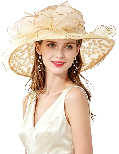 Women Derby Fascinator Hat Organza Church Wedding Hats Wide Brim Cocktail Tea Party Hat - color: 06 Gold
