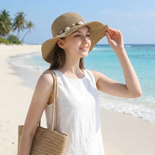 Womens Foldable Straw Sun Hat Summer Wide Brim Crochet Bucket Hats UPF 50+ Travel Beach Fedora Fisherman Cap Sombrero Hat - color: Khaki