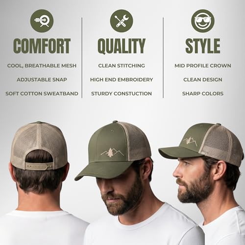 LINDO Trucker Hat [ Great Outdoors Design ] for Men and Women: Mid Profile Cap with Breathable Mesh Back and Adjustable Snap - color: Green/Beige