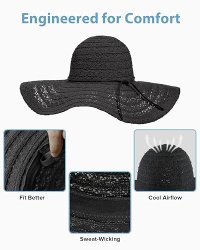 Sun Beach Hats Women Floppy Summer Sunhat with Wide Brim Packable Foldable Travel Accessories - color: Black, size: Large